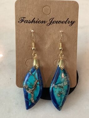 Gold-Accented Blue Turquoise Marquise Drop Earrings, Brand New
